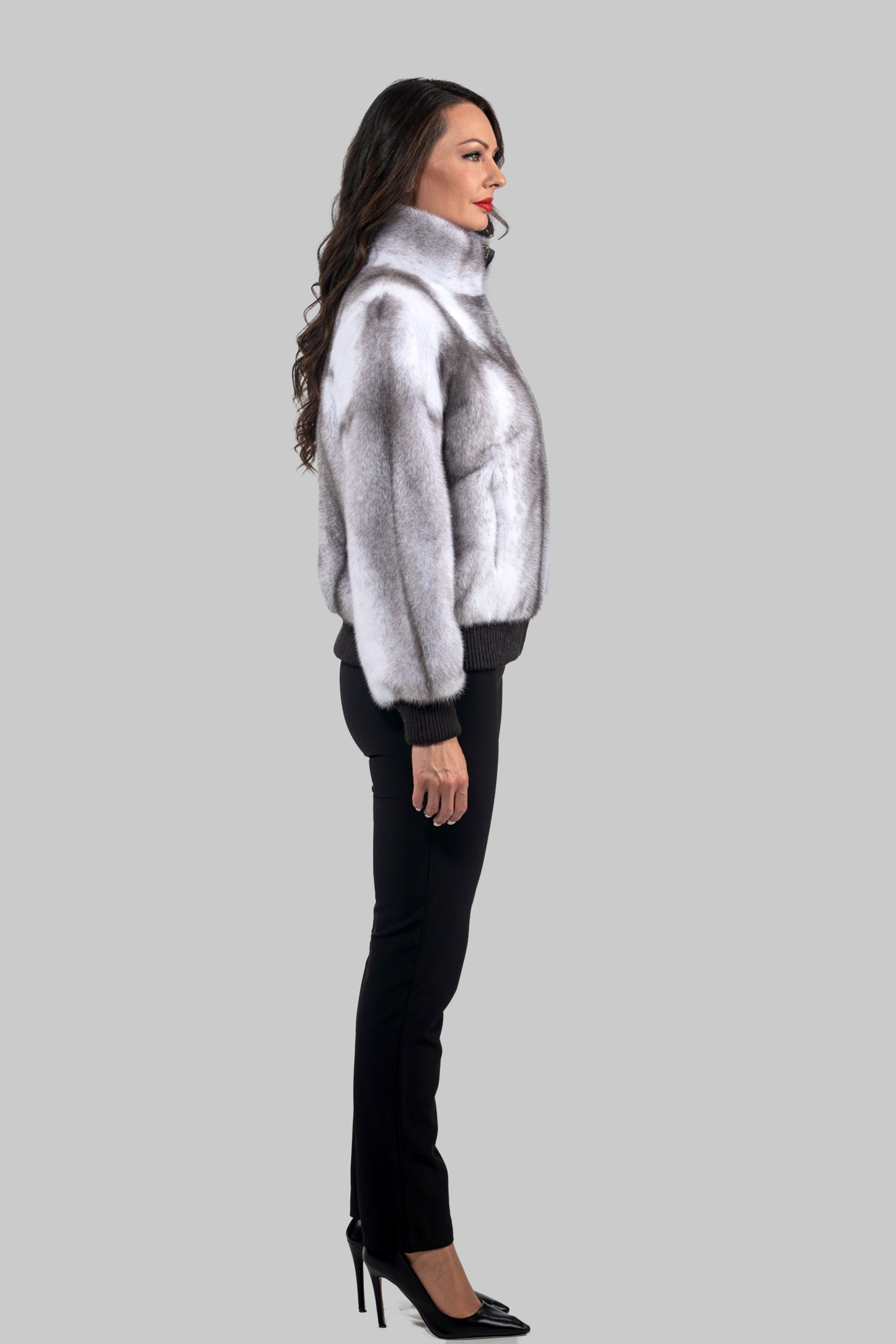 Silver Cross Mink Bomber Jacket with Stand Collar