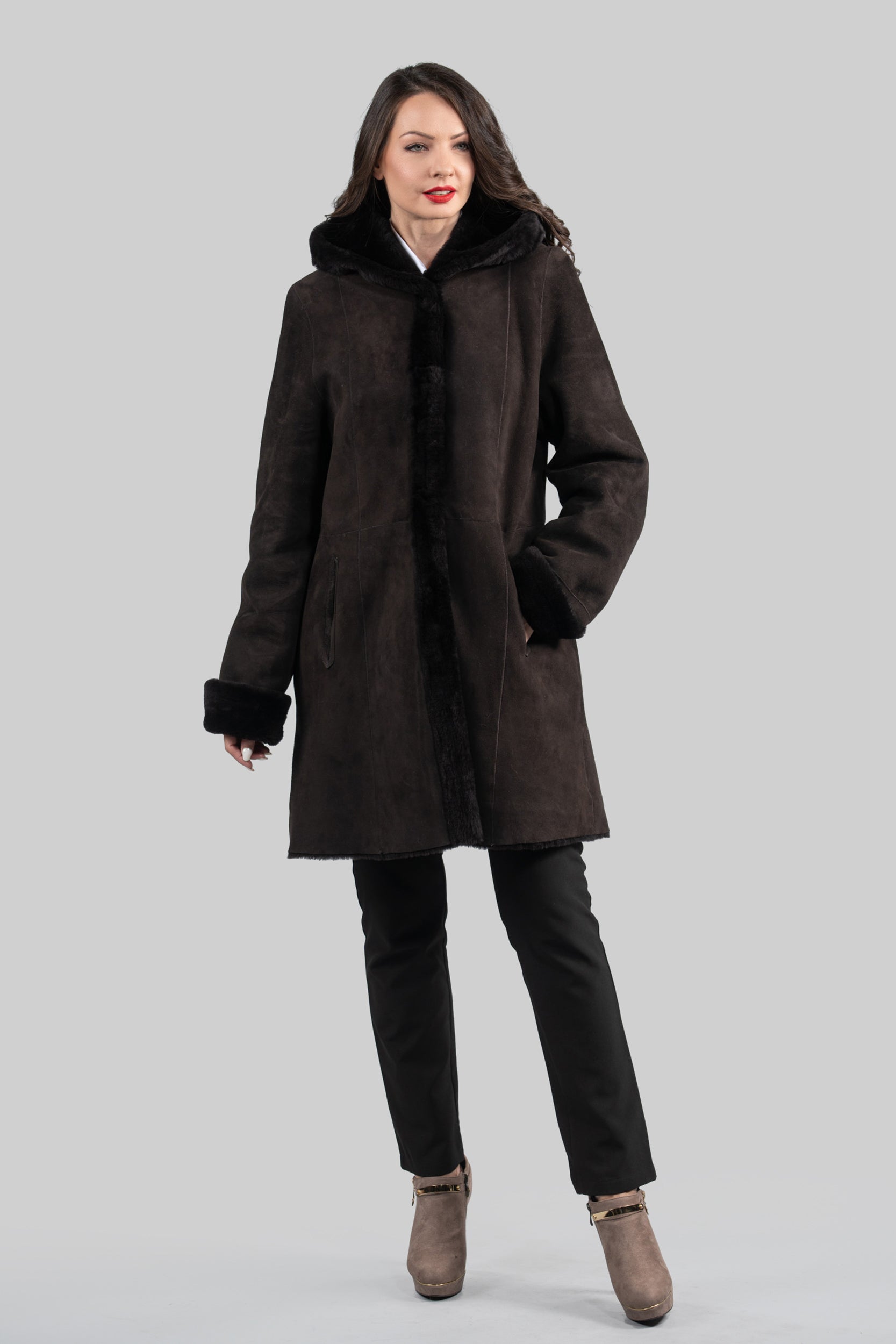 Hooded Brown Half Coat In Spanish Merino