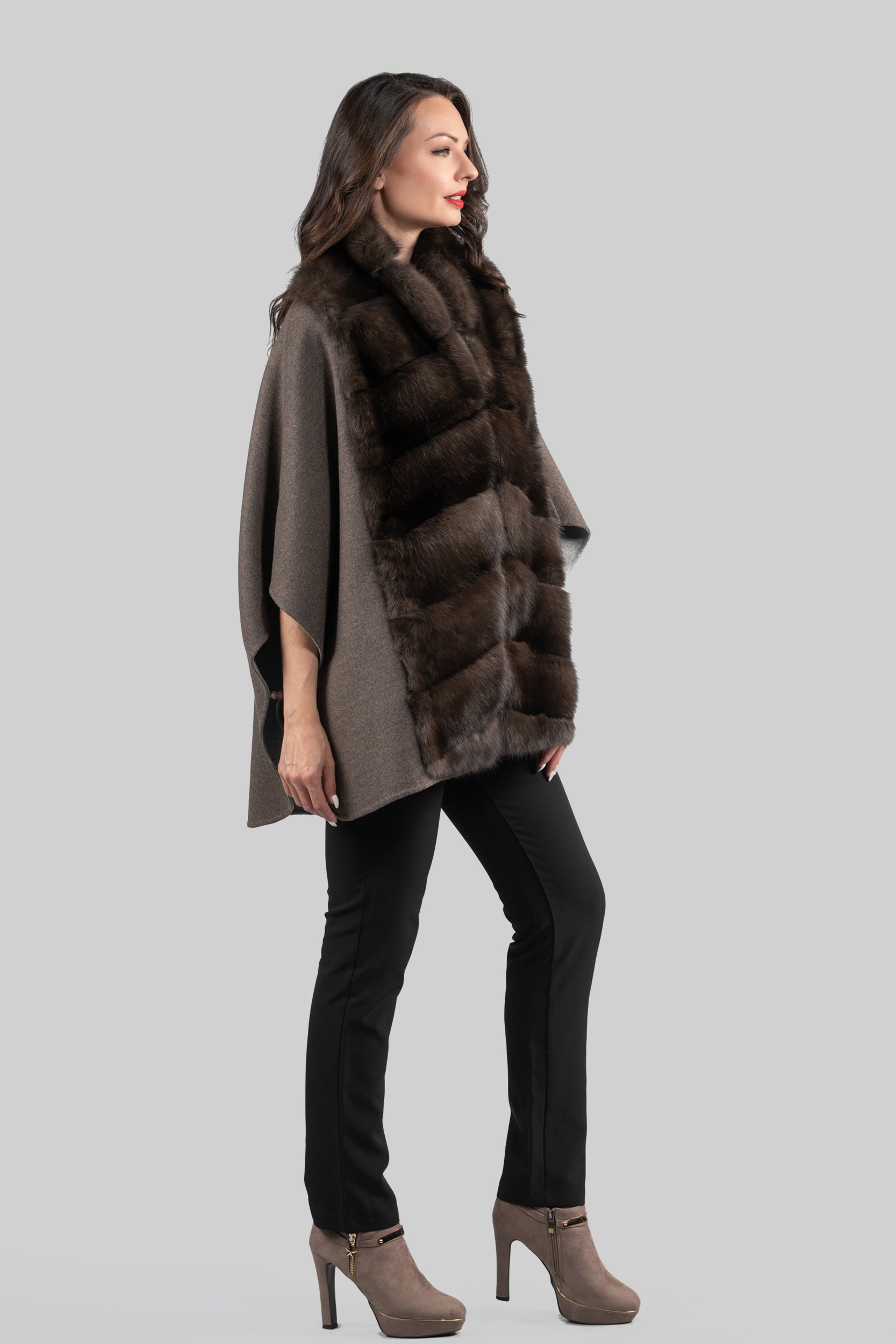 Brown Gray Cashmere Cape with Russian Sable Trim