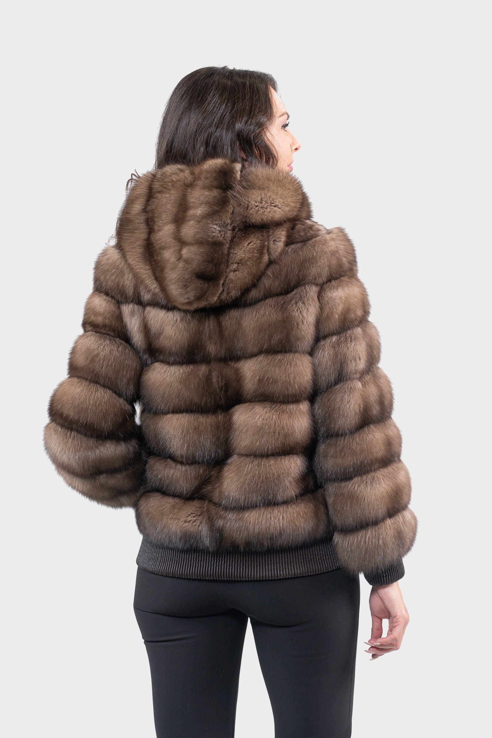 Reversible Titanium Russian Sable Bomber Jacket with Attached Hood