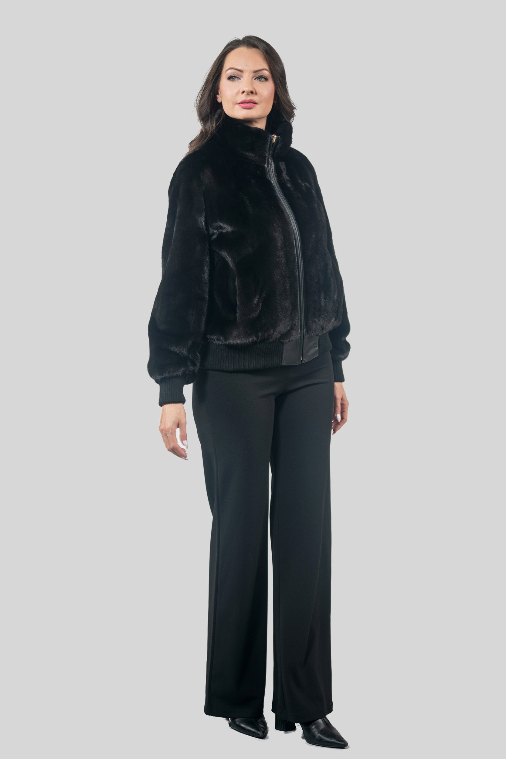 Black Mink Bomber Jacket with Stand Collar