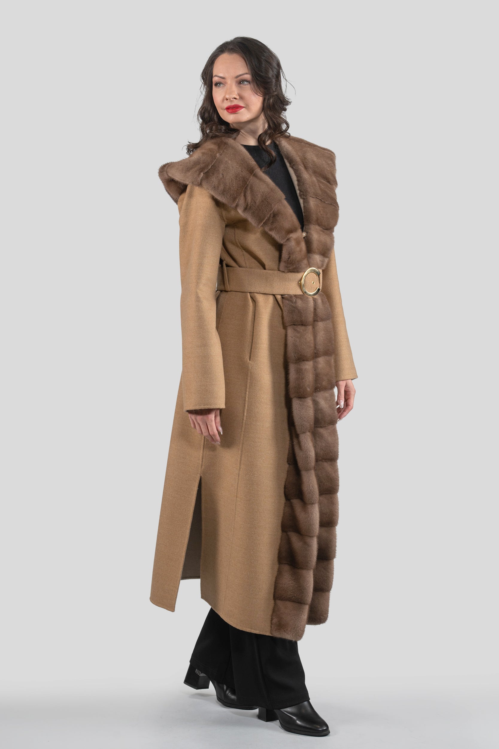 Beige Ecru Cashmere Hooded Coat with Mink Trim