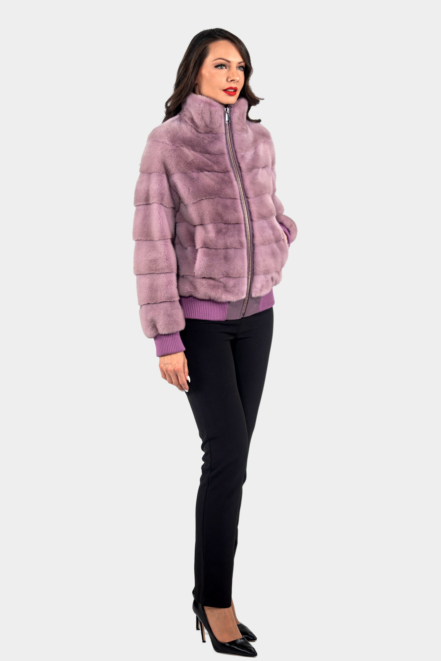 Violet Mink Bomber Jacket with Stand Collar