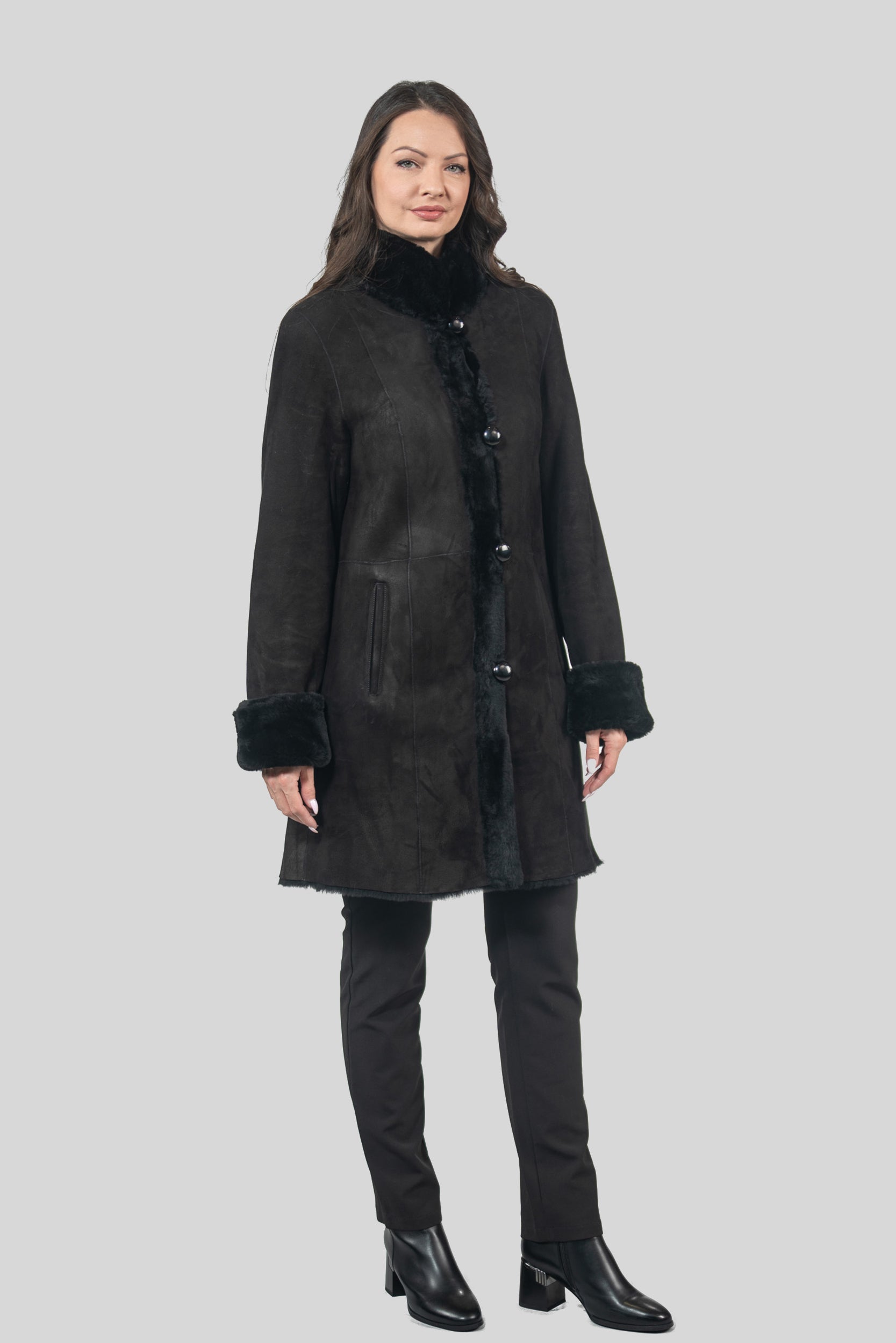 Black Half Coat In Spanish Merino with Stand Collar