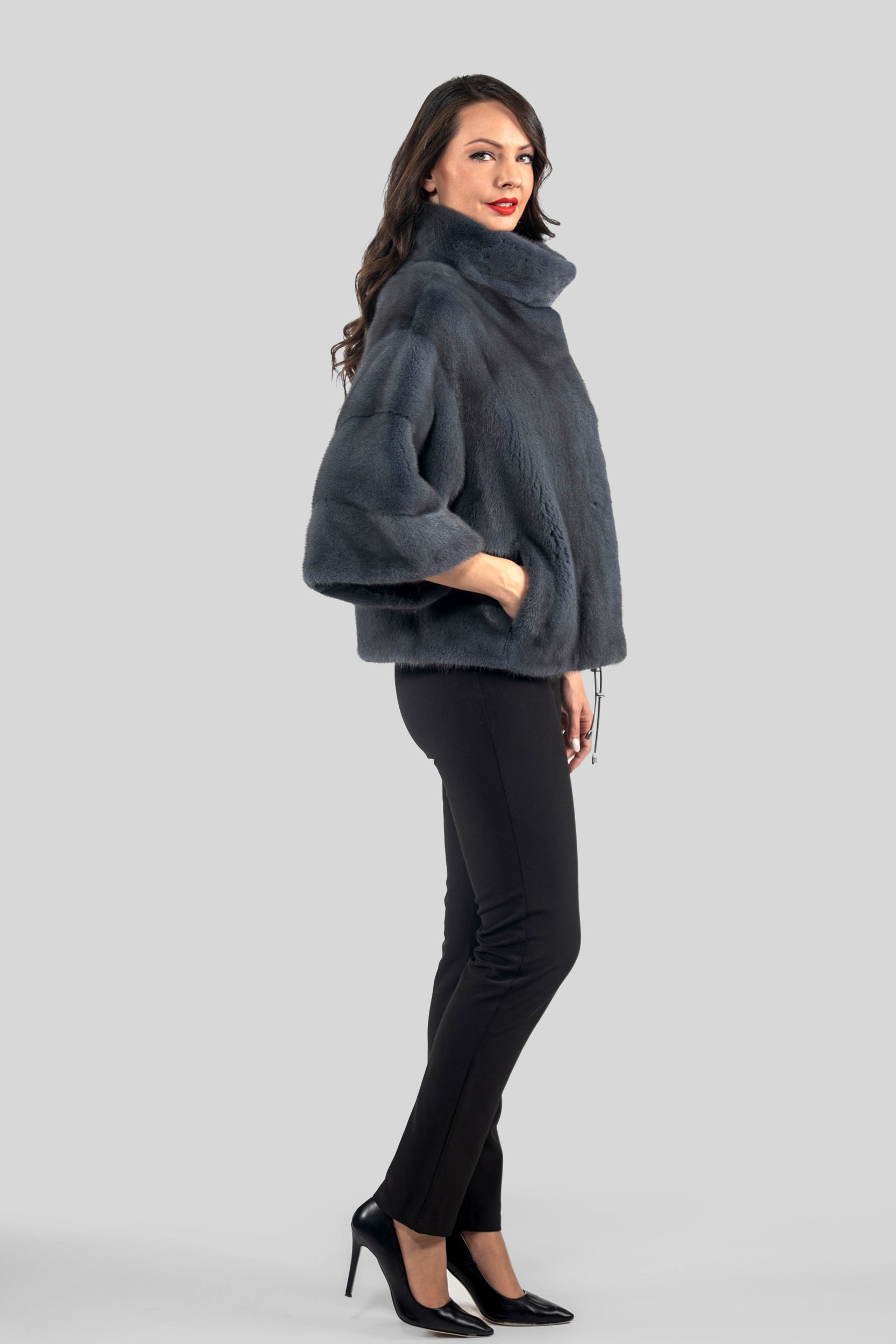 Asphalto Mink Jacket with Stand Collar and Short Sleeves