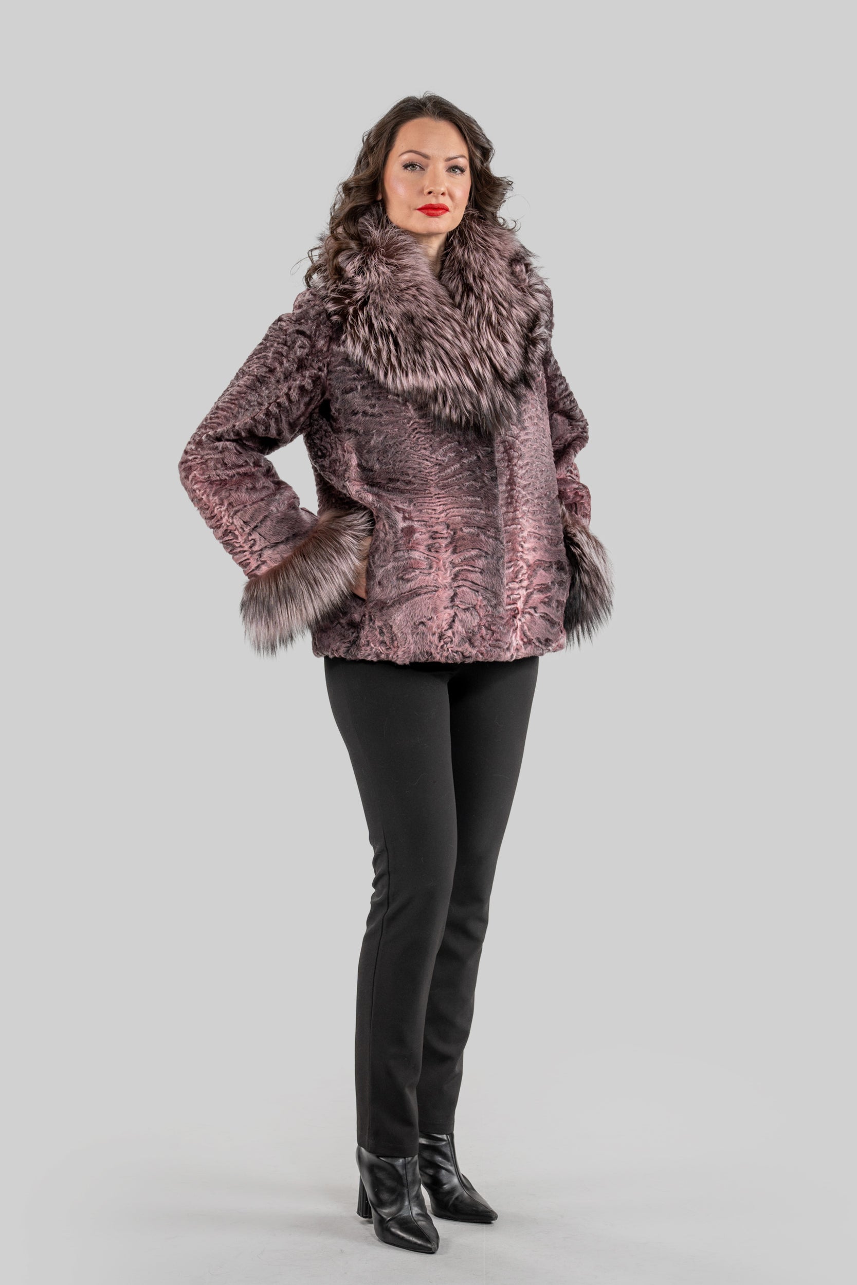 Swakara Jacket With Fox Fur Trim Notch Collar and Cuffs in Pink