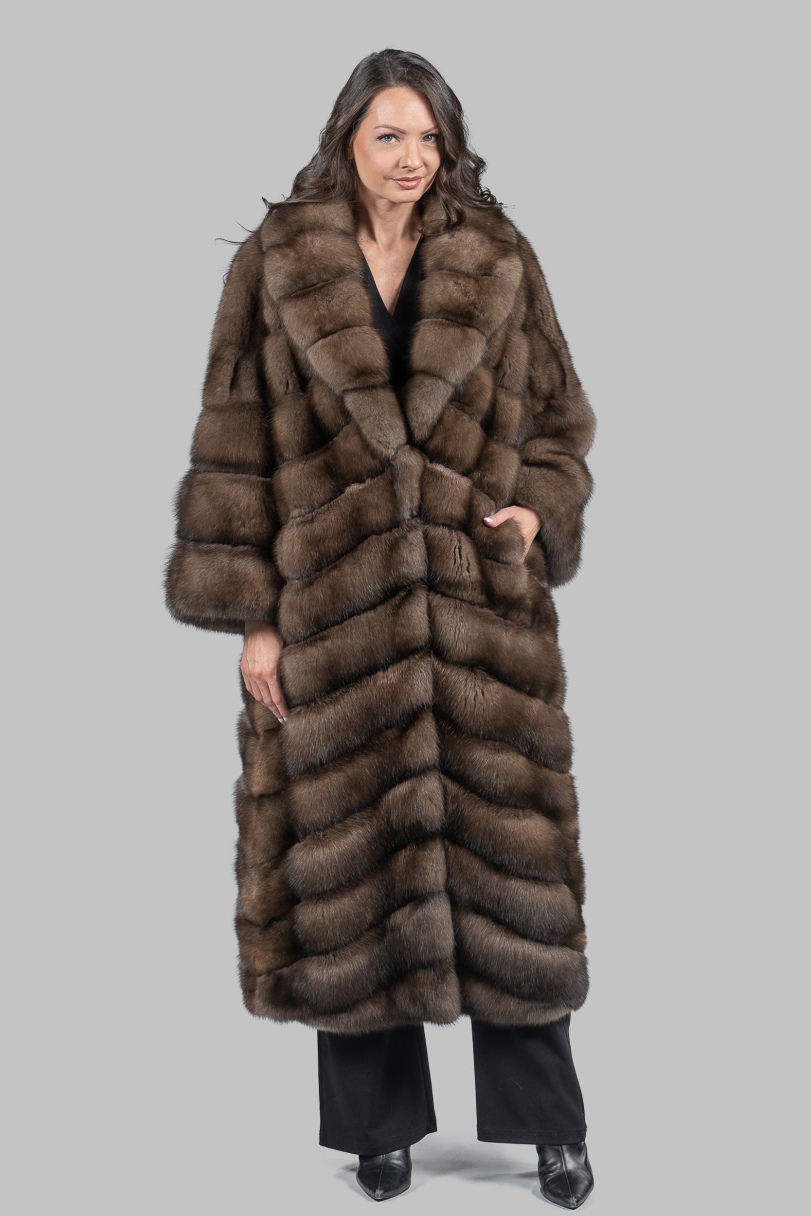 Graphite Sable Long Coat with Shawl Collar