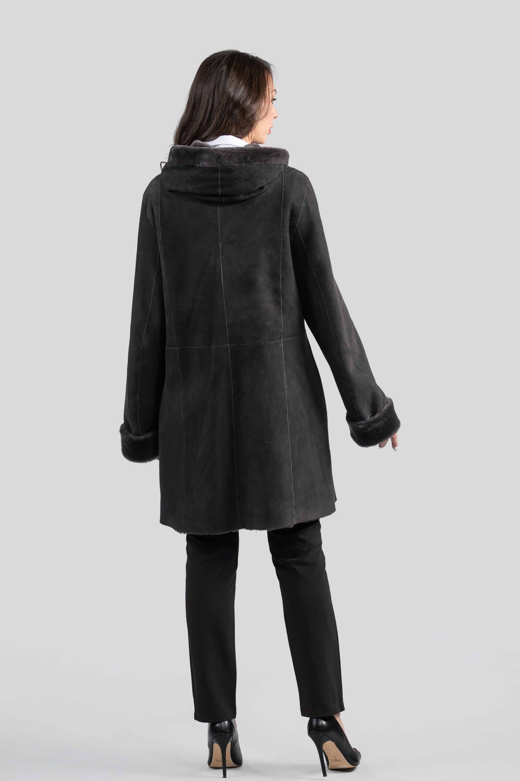 Hooded Gray Half Coat in Spanish Merino