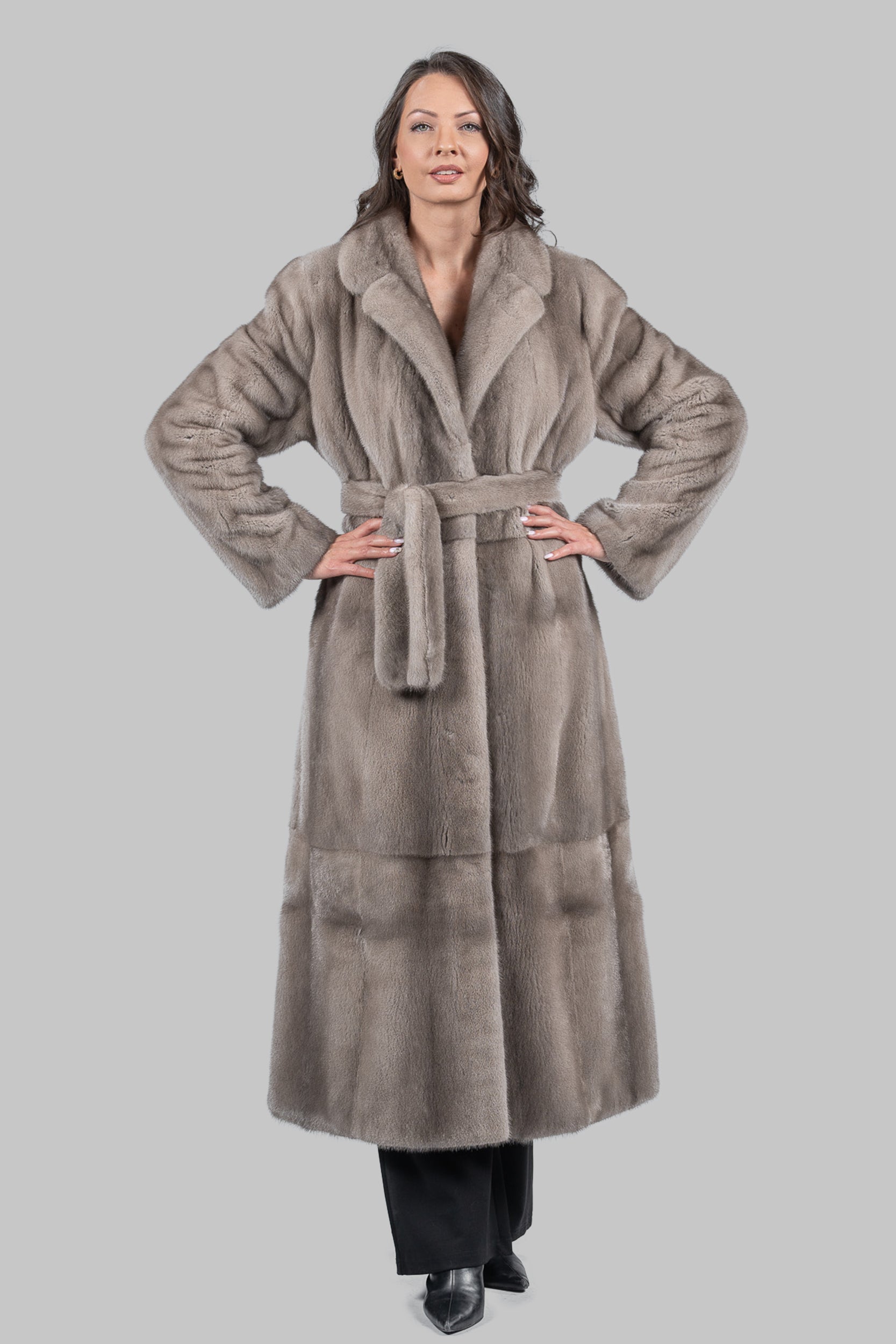 Silver Blue Skin to Skin Belted Mink Long Coat