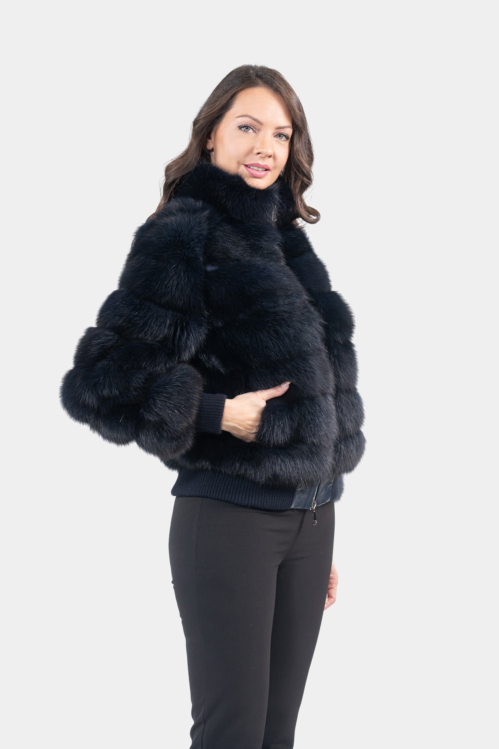 Blue Black Baumarten Bomber Jacket with Stand Collar