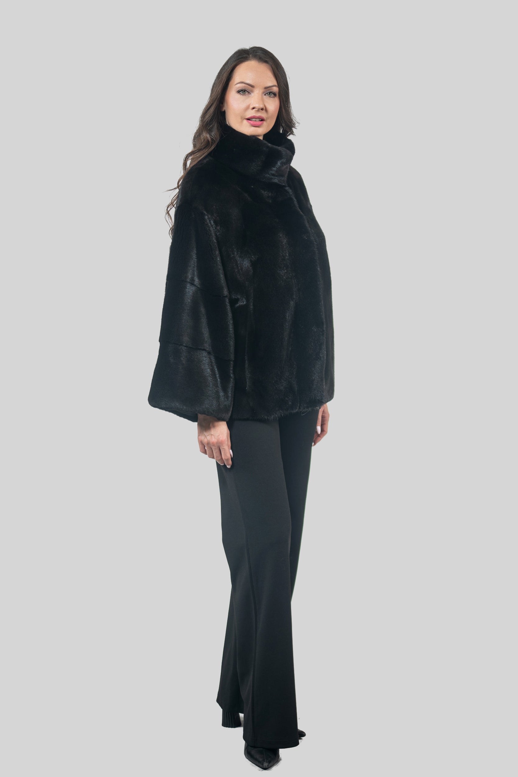 Black Mink Jacket with Stand Collar and Short Sleeves