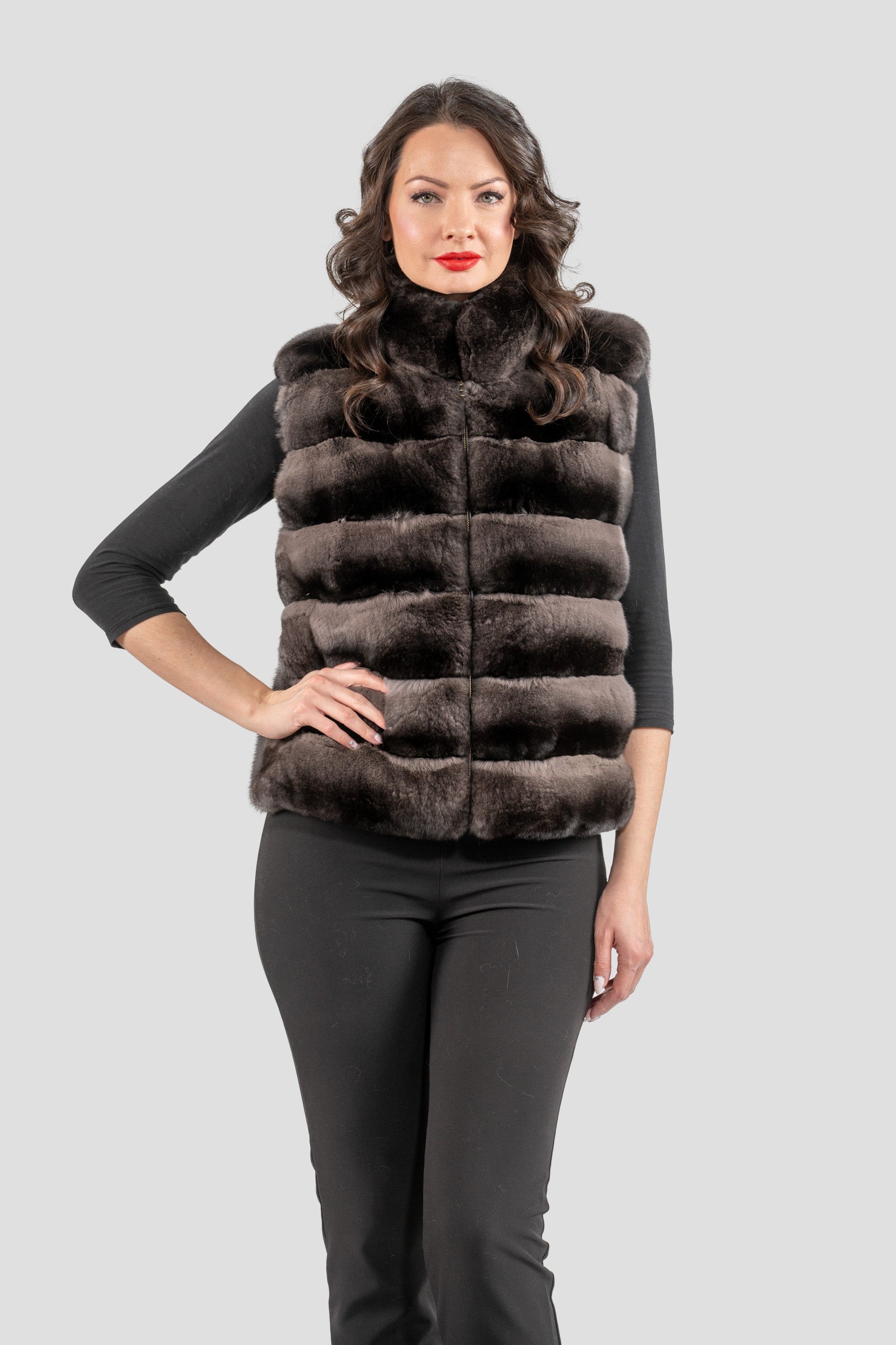 Smokey Chinchilla Fur Vest with Stand Collar and Mink Trim