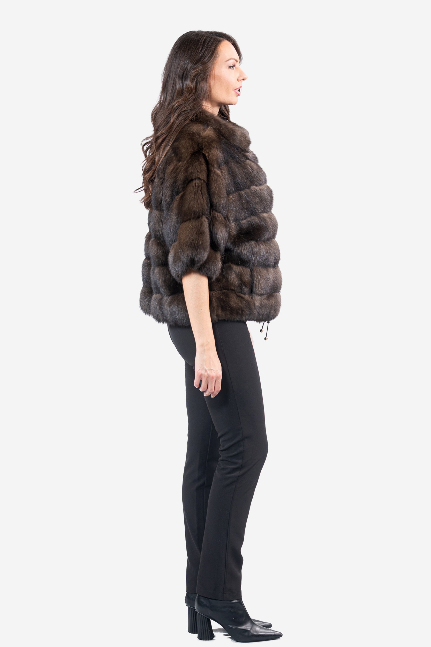 Dark Russian Sable Jacket with Stand Collar and Short Sleeves