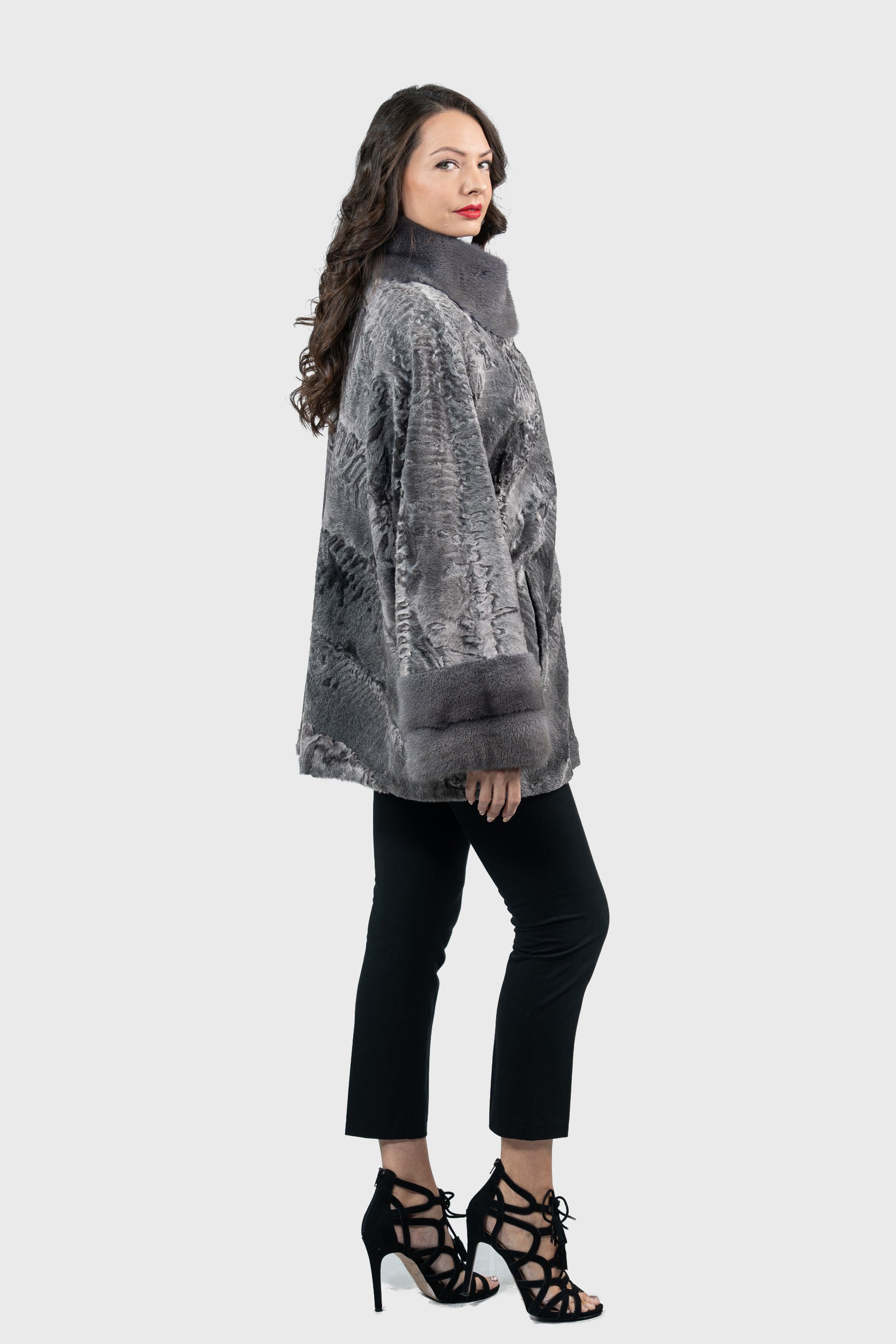 Grey Moon Swakara Half Coat with Mink Trim