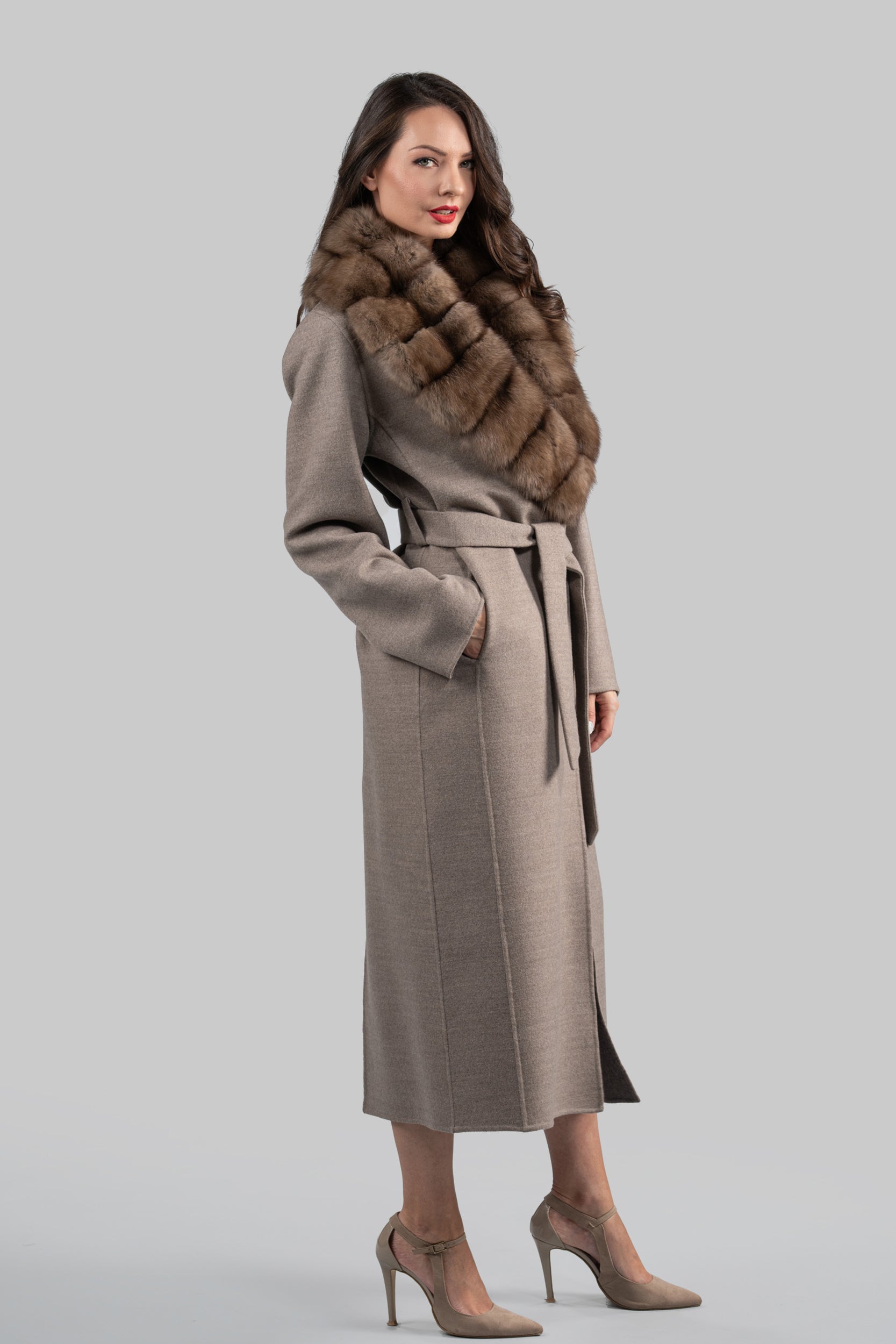 Brown Gray Cashmere Coat with Russian Sable Shawl Collar