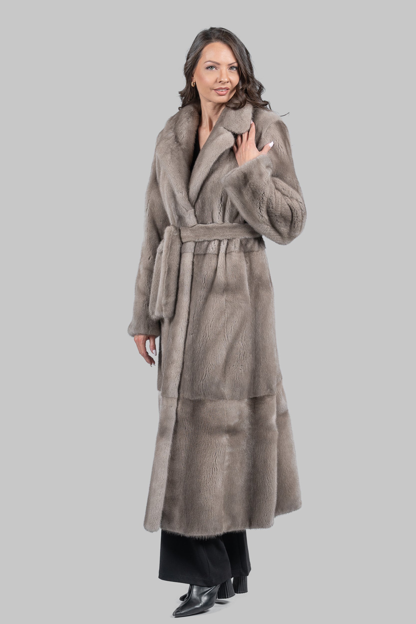 Silver Blue Skin to Skin Belted Mink Long Coat