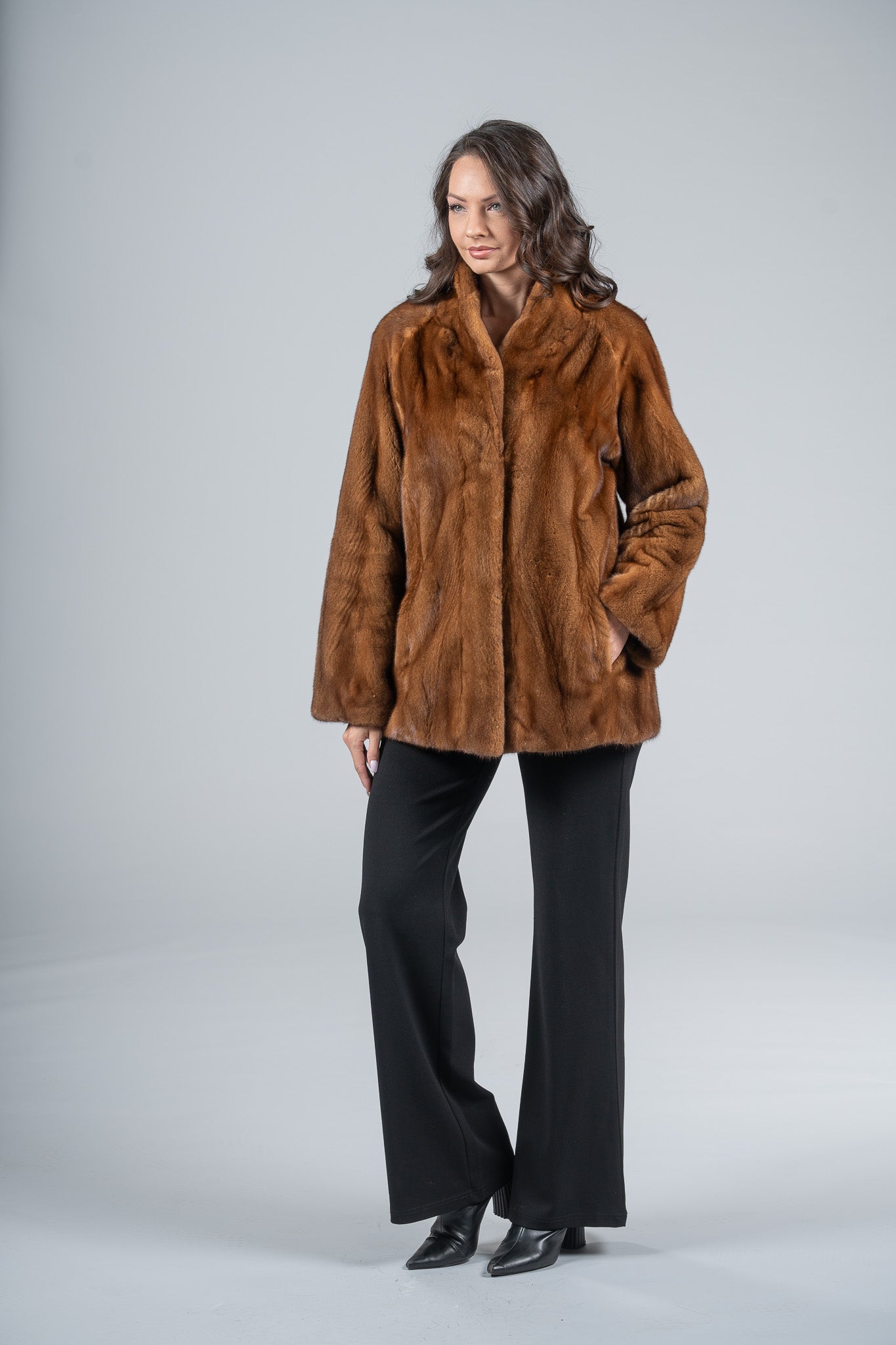 Gold Mink Half Coat with Stand Smoking Collar