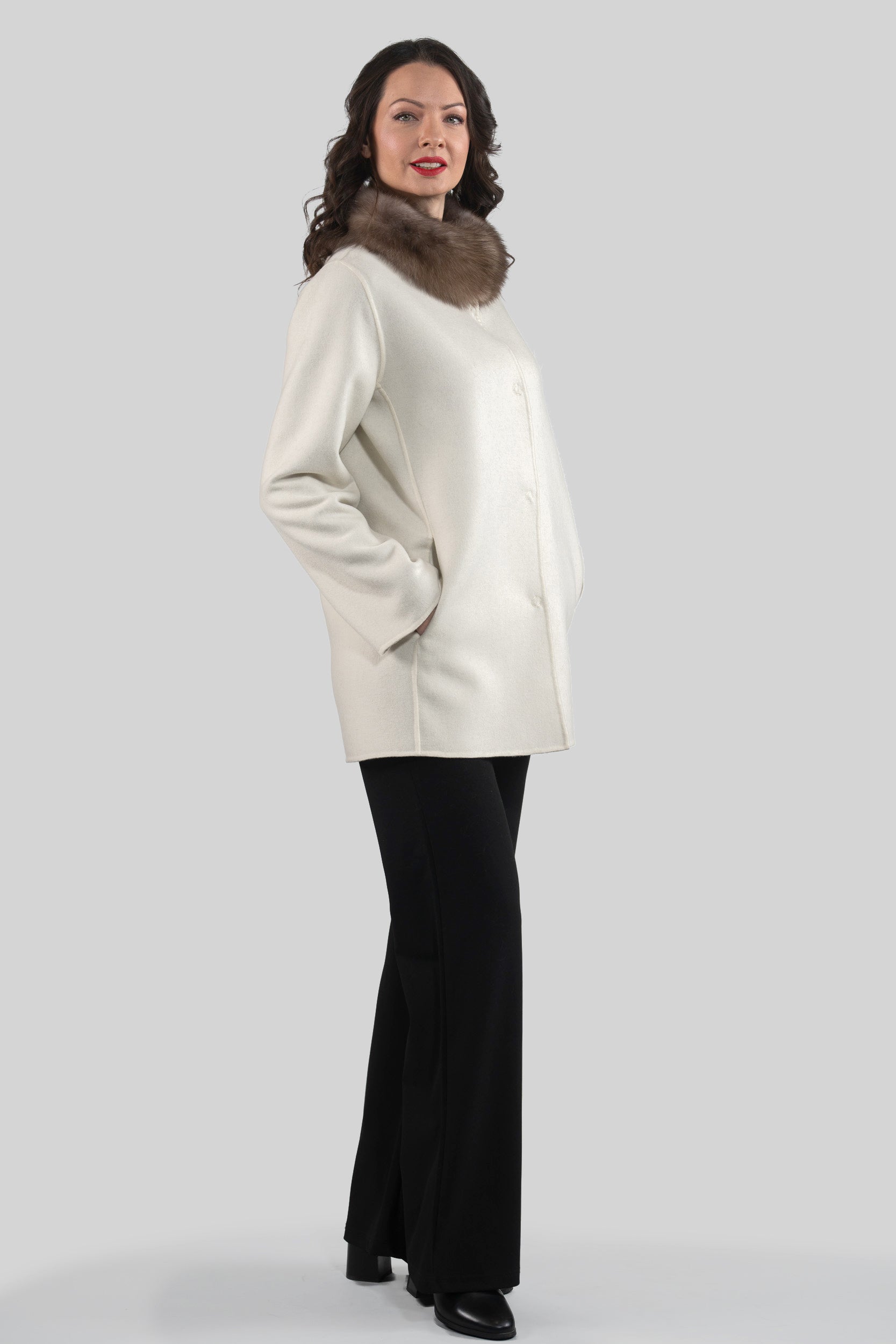 White Cashmere Jacket with Russian Sable Trimmed Stand Collar