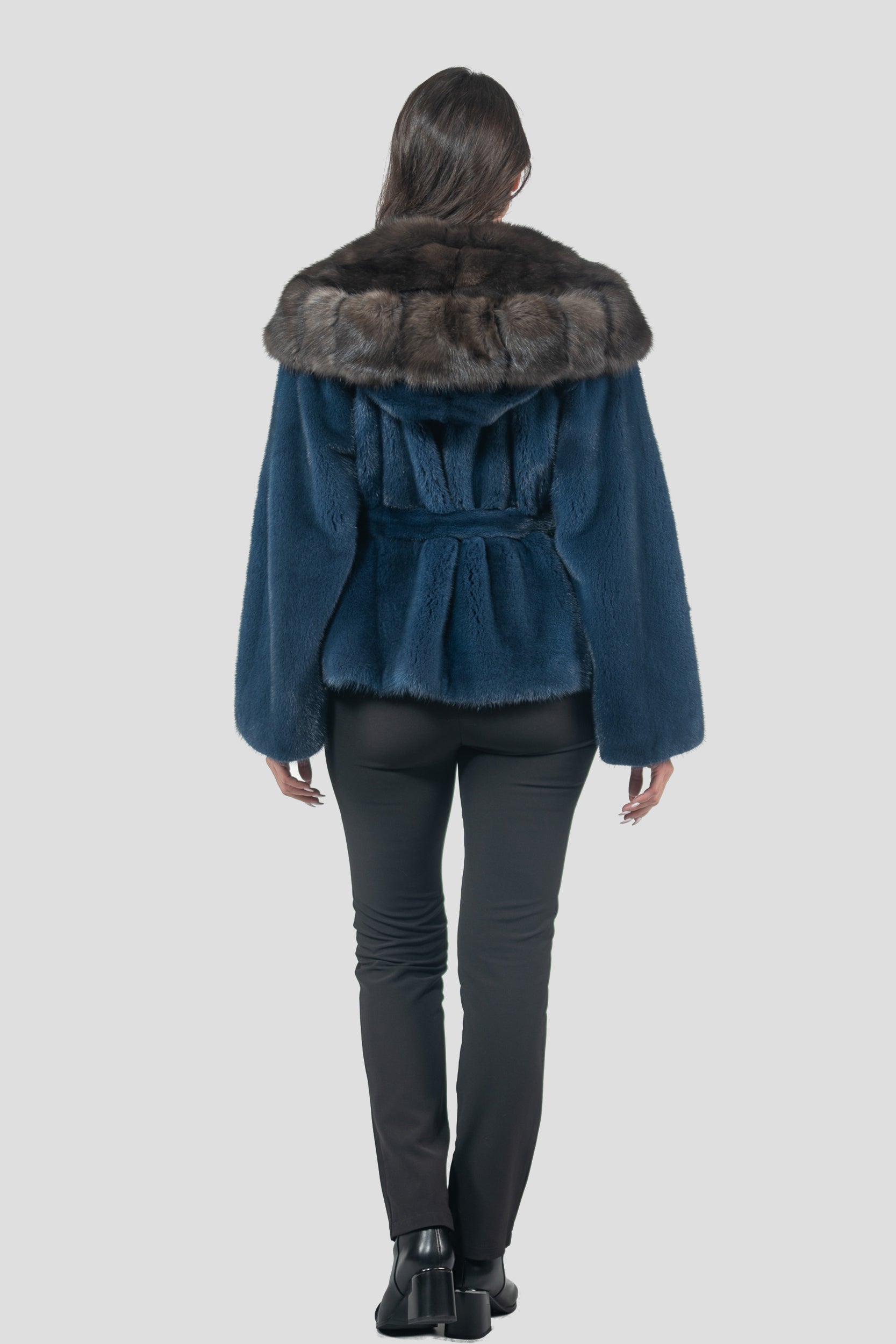 Blue Jean Mink Half Coat with Russian Sable Hood