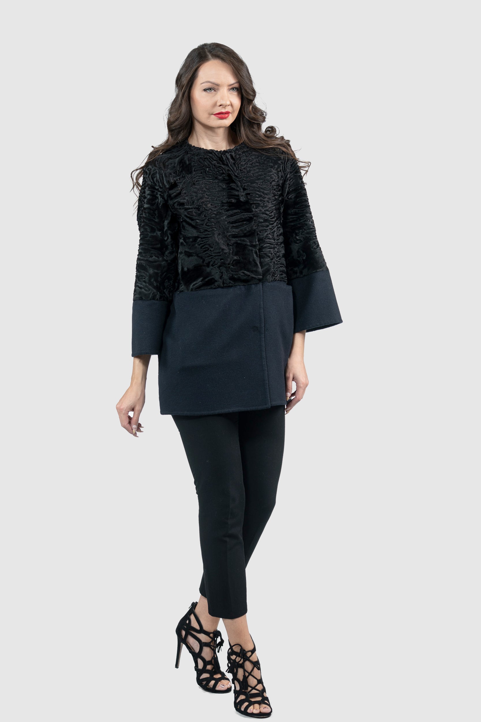 Blue Black Swakara Half Coat with Cashmere