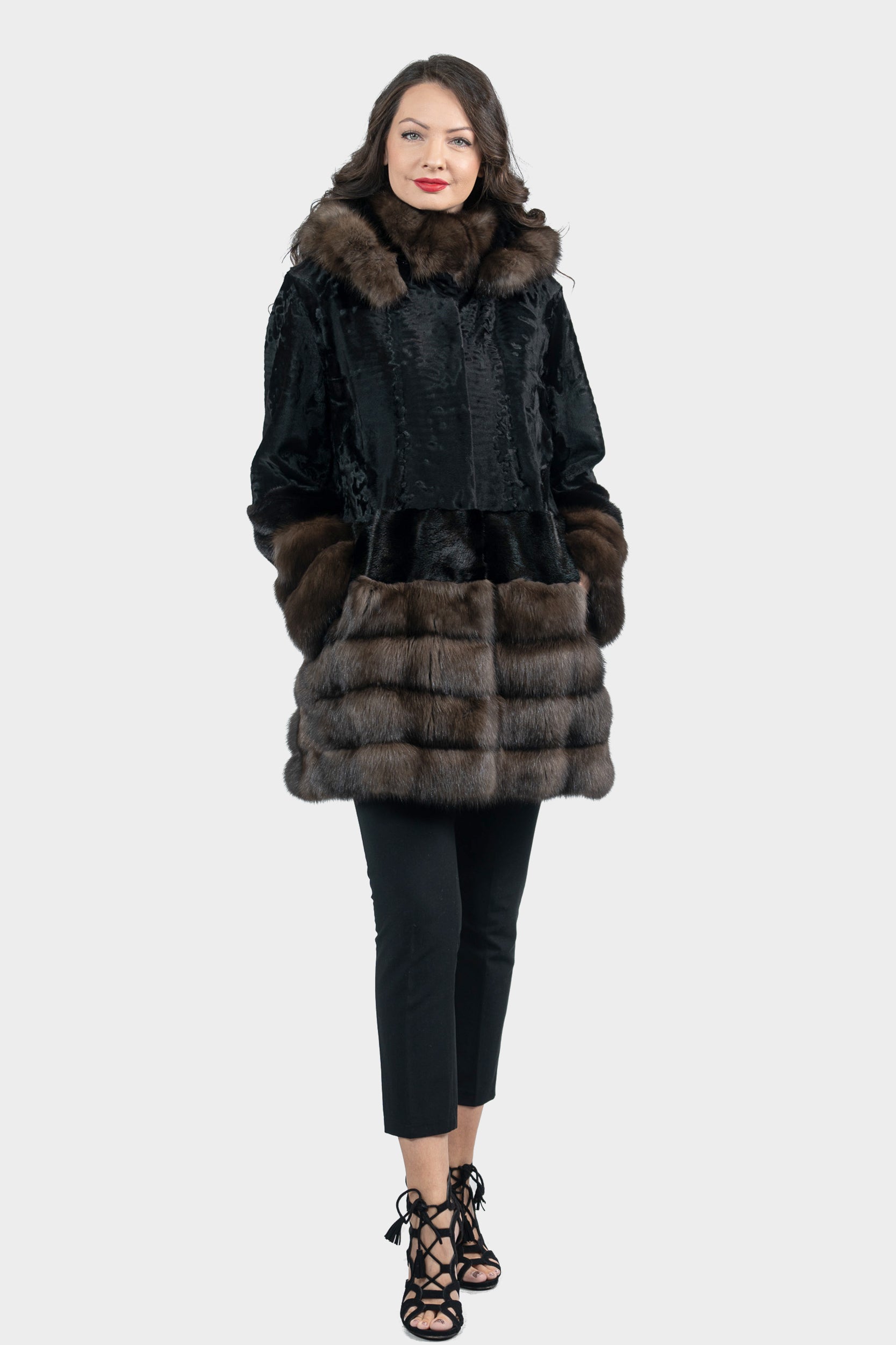 Black Swakara Hooded Half Coat with Mink and Russian Sable Trim