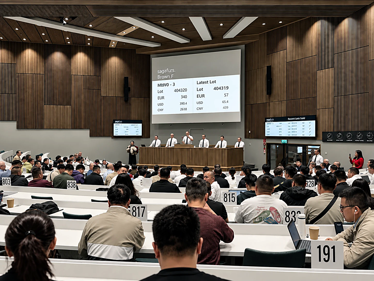 The sale room at Saga Furs, with the current lot and its price on the screen above the auctioneers